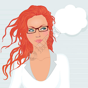 抬头看的女孩穿长红色头发的漂亮女学生 抬头看看演讲泡泡气设计图片