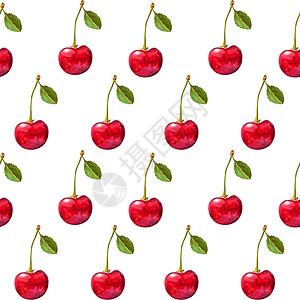 说明现实主义无缝无缝模式 白白孤立背景的绿叶染红樱桃植物包装绘画浆果体积光泽度打印食物装饰品阴影背景图片
