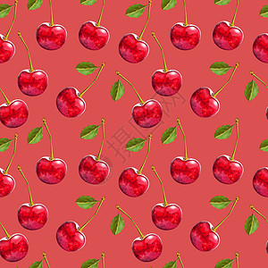 说明现实主义无缝无缝模式 红樱桃莓红樱桃 红色背景的绿叶绘画刷子浆果水果光泽度包装装饰品体积食物阴影背景图片