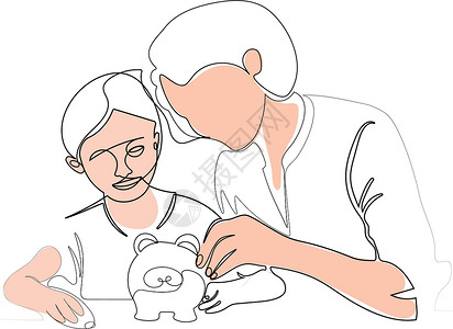 坐享收益教育女孩在小猪银行存钱绘画基金画线插图银行业罪行女儿商业投资贮存插画