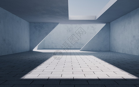 有阳光的混凝土建筑进来了 3D翻接菱形走廊水泥灰色空白建筑学地下室渲染陈列室隧道背景图片