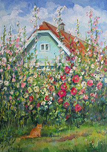 油画花园农房 花和猫 油画背景