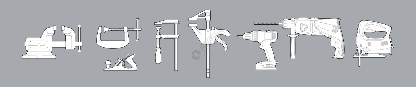 刨床工具图标集 电动工具-矢量图 概念-修复 金属制品和木工工具 钻 虎钳和拼图插画
