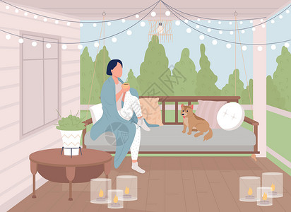 女人和狗玩耍女孩喝茶平茶的彩色矢量插图设计图片