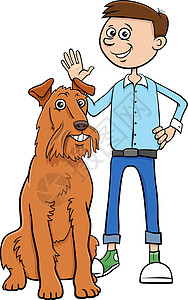 带着宠狗的卡通男孩角色乐趣快乐青少年微笑漫画孩子朋友小狗绘画插图背景图片