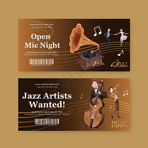音乐门票配有爵士音乐概念 水彩色风格的车票模板钢琴乐队歌手萨克斯管水彩喇叭横幅派对营销展示插画