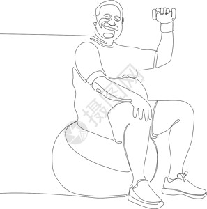 男子哑铃运动男子坐在健身球上最低概念的概念减肥重力哑铃损失腰围治疗卷尺焦虑运动数字设计图片
