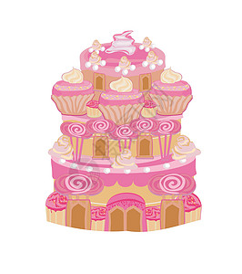 草莓糖霜蛋糕多彩蛋糕城堡艺术 - 孤立的童话故事插图插画