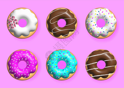 逼真的 3D 甜甜圈系列 带有五颜六色的配料 甜甜圈的图片 一组 3d 釉面彩色纸杯蛋糕 矢量图解背景图片