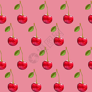 说明现实主义无缝无缝模式 红樱桃莓 粉红色背景的绿叶背景图片