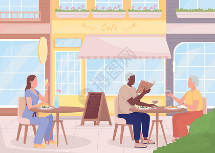 无美味不贪吃在咖啡馆平板彩色矢量插图上享受饮料和美味午餐插画