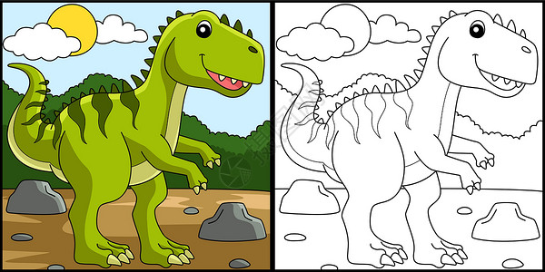 恐龙色化页面插图儿童孩子绘画彩页手绘染色图画书兽脚白色孩子们背景图片