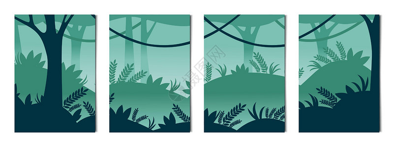 亚马逊森林一组4个垂直背景的垂直四分框丛林景色 - 矢量插画
