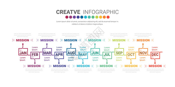 1到6个月年度规划师12 个月1 年时间线图表设计矢量和演示业务报告营销整个月日程网络信息项目顺序推介会计划插画