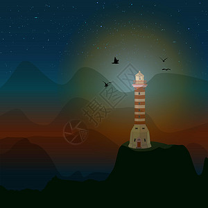 山上的海洋灯塔 山地景观 夜星空和信标背景图片