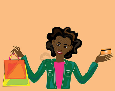女性信用卡购物说明一名美籍美女带着购物袋和信用卡的可爱女黑人女子 (c) 购物概念插画
