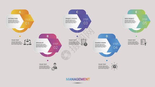 彩色企业图标图像管理图标矢量说明 5个彩色步骤信息模板 带有可编辑文本库存货币团队金融服务贷款风险商业资源工作插画
