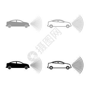 汽车技术互联网的信号汽车无线电信号传感器智能技术自动驾驶前方方向设置图标 灰色黑色矢量显示图像固态填充轮廓轮廓线细平板样式插画