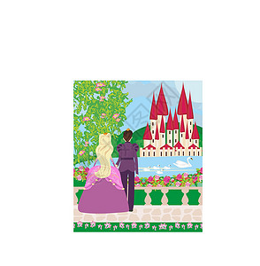 天鹅城堡与王子一起的城堡和公主插图女士树木王国婚姻爬坡天鹅溪流天空夫妻插画