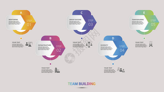 信息图表团队建设图标矢量图 带有可编辑文本的 5 个彩色步骤信息模板拼图伙伴战略公司蓝色合伙咨询商业挑战会议背景图片
