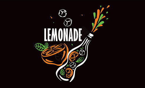 柠檬标识黑色背景的柠檬水矢量绘制薄荷水果派对苏打饮料艺术插图柠檬酒吧果汁设计图片