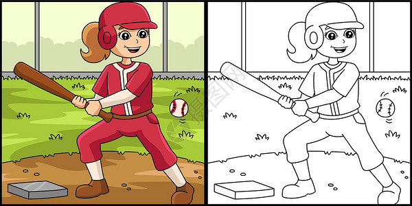 打棒球女孩女孩在打棒球的垒球女性彩色页面插图设计图片