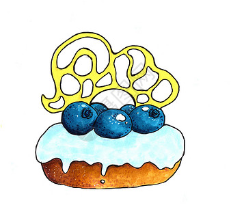 手绘纸杯蛋糕甜甜圈蛋糕 蓝色蓝莓和蓝莓冰淇淋 还有焦糖装饰品 用酒精标记手画背景