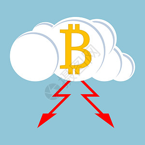 bitcoinBitcoin符号 闪电在蓝色天空背景的雷球上 矢量插图插画