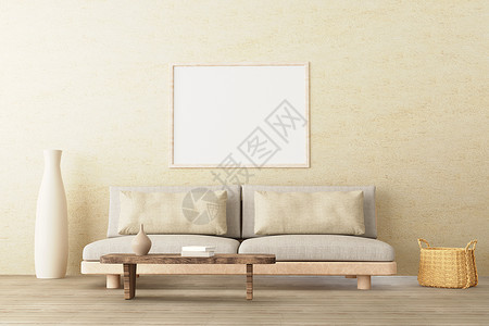 海报底板素材以中性风格室内客厅的垂直海报模型 沙发低 陶瓷罐 侧桌 螺旋篮和空混凝土壁底板的书籍背景