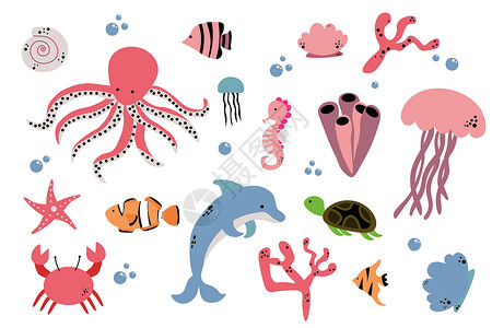 卡通海洋动物 可爱的海洋鱼 章鱼 海龟 水母 螃蟹和海豹 水下野生生物矢量插图集 EPS背景图片