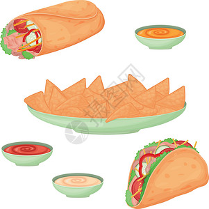 墨西哥菜 一套墨西哥菜肴 如炸玉米饼 墨西哥卷饼 玉米片和酱汁 奶酪 番茄和奶油 矢量图背景图片