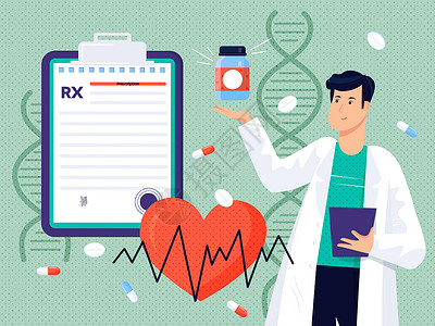 Rx 医疗处方 医生开药 疾病治疗药 止痛药 心脏病 药房控制向量的概念 不同的药物形式保险诊所药品文档软垫插图保健卫生药店签名背景图片