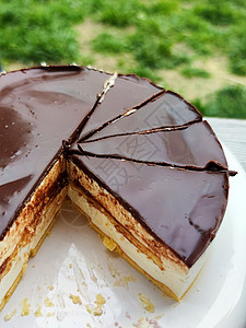 泡芙小姐语录切片圆圆巧克力芝士蛋糕 泡芙奶油的蛋糕近身背景