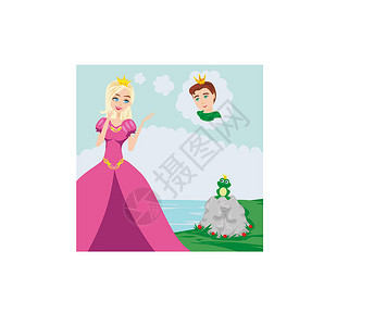 施洛茨海伦基姆湖王子被青蛙施魔法插图长袍花朵珠宝戏服男生女士想像力女性故事插画