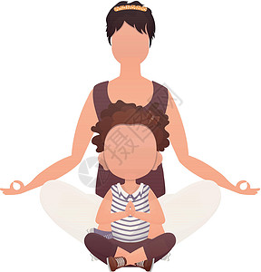 瑜伽坐母亲和女儿在莲花位置冥想 卡通风格 白背景孤立 矢量设计图片