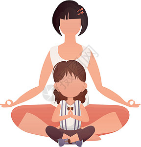 靠着母亲女儿母亲和女儿在莲花位置冥想 卡通风格 孤立于白色背景 前一插图设计图片
