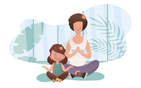 妈妈和女儿做瑜伽 卡通风格 冥想和集中概念 矢量背景图片