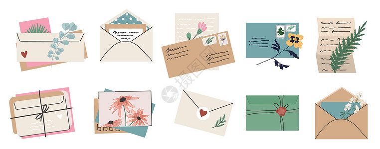 Doodle 信封 密封或开具的手写纸函 矢量信函邮戳和明信片文档卡通片笔记涂鸦卡片地址邮件电子邮件问候语标签背景图片