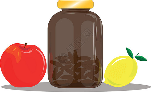 铁罐子带有天然维生素和水果的罐子的插图 维生素对我们的健康很重要 多吃水果 摄取维生素 铁 维生素D B2 B6 B12 维生素C 钙插画