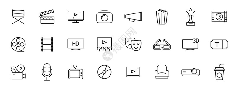 电器UI电影和电影大纲矢量图标隔离在白色 用于 web 和 ui 设计 移动应用程序和印刷产品的电影图标集设计图片