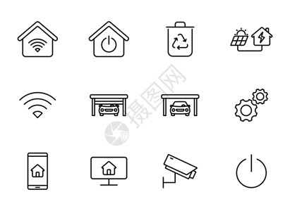用于网络设计 移动应用程序 用户界面和打印的智能家用直线向量图标设置于 white插画