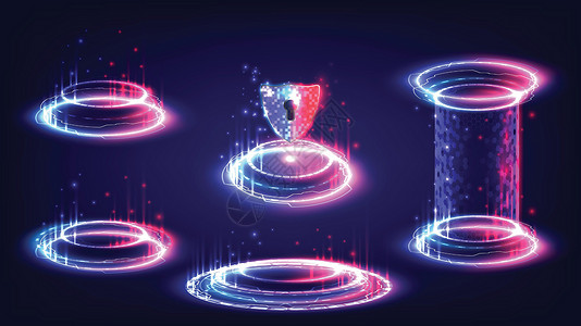 红色光效果红色和蓝色发光 HUD 的科幻高科技舞台系列 科学未来主义的全息图门户旋流光 奇幻游戏中的魔法传送门 圆形传送讲台 胶囊全息图插画