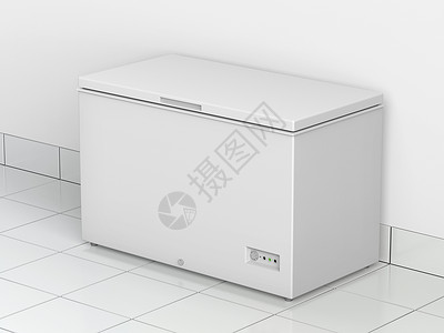 白色深层冷冻柜盒子胸部冷却食物冰箱器具房间厨房市场背景图片