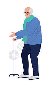 失能老人有三脚手走棍的可悲老人半平板彩色向量字符男性动画片难民甘蔗老年拐杖男人香椿病人退休设计图片