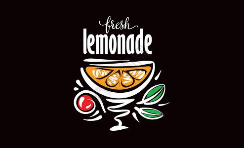 柠檬苏打黑色背景的柠檬水矢量绘制稻草叶子标识食物水果刻字草图涂鸦艺术果汁设计图片