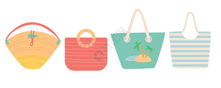 夏季多彩袋 平板设计矢量插图旅行沙滩配饰平面背景图片