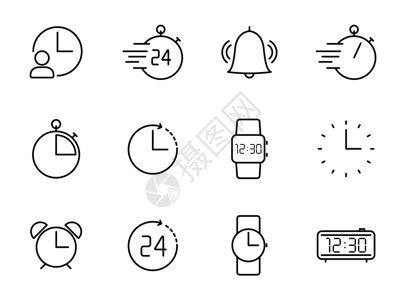 时间和时钟轮廓矢量图标隔离在白色 为 web 和 ui 设计 移动应用程序和印刷产品设置的时间和时钟图标界面网络手表倒数商业用户背景图片