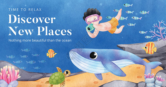 以探索海洋世界概念 水彩色风格的Facebook模板插图浮潜水彩广告运动社区潜水海蜇面具营销背景图片