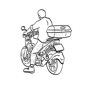 贝尔格莱德后排人用摩托车和行李在后面的插图矢量手旁 将他与白色背景线艺术隔离开来插画