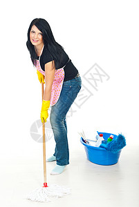 妇女洗地板刷子高清图片素材